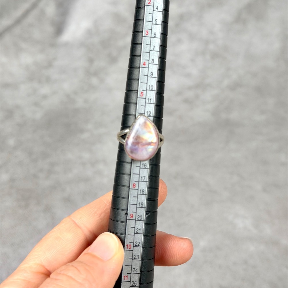 Sterling Silver Pink Moonstone Pear Cabochon Ring Size 6.5 Iridescent Gem Girly